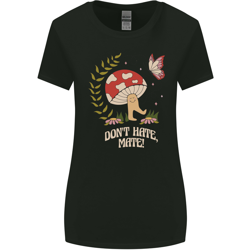 Dont Hate Mate Peace Hippy Toadstool Womens Wider Cut T-Shirt Black