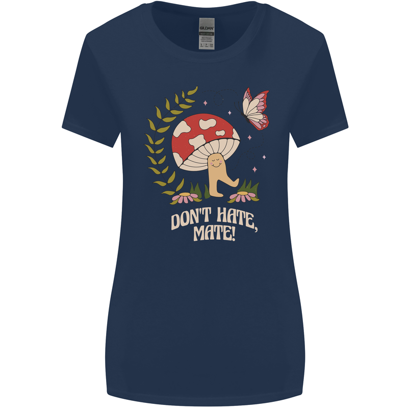 Dont Hate Mate Peace Hippy Toadstool Womens Wider Cut T-Shirt Navy Blue