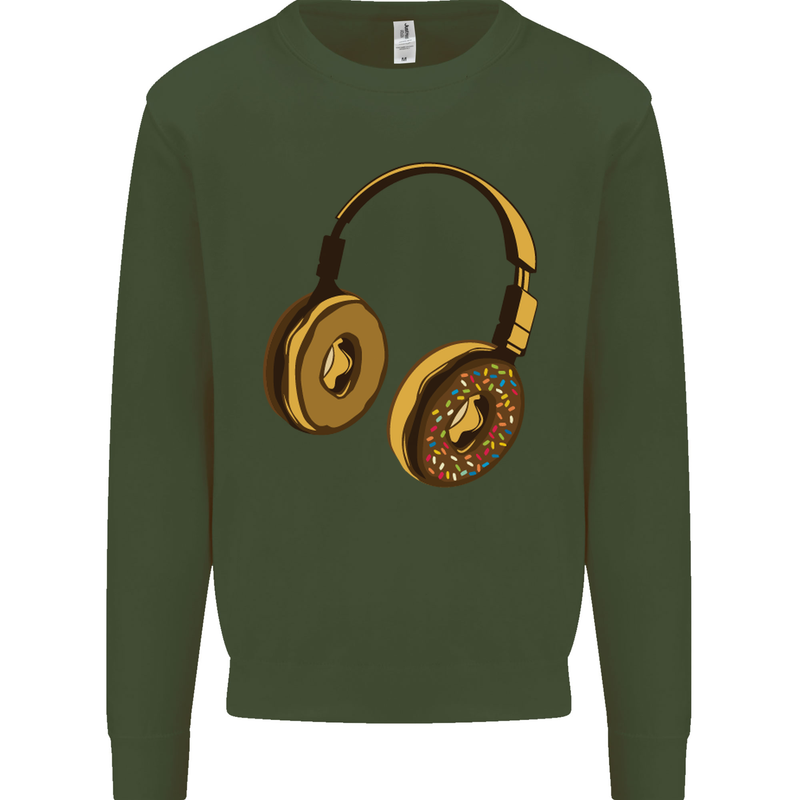 Donut Headphones Music DJ DJing Funny Kids Sweatshirt Jumper Forest Green