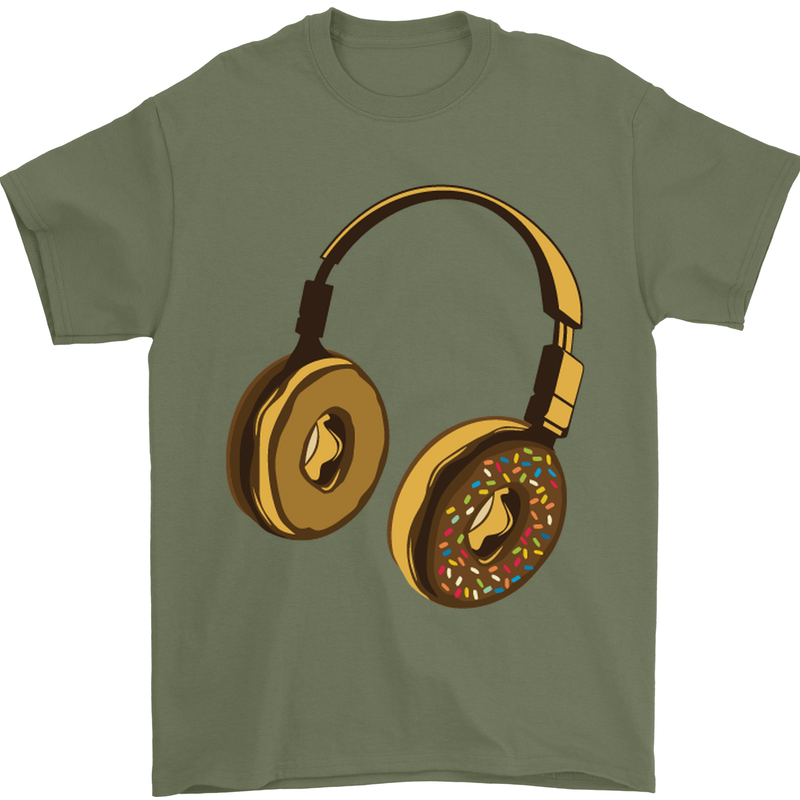 Donut Headphones Music DJ DJing Funny Mens T-Shirt Cotton Gildan Military Green
