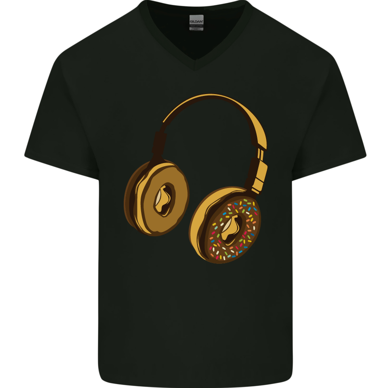 Donut Headphones Music DJ DJing Funny Mens V-Neck Cotton T-Shirt Black