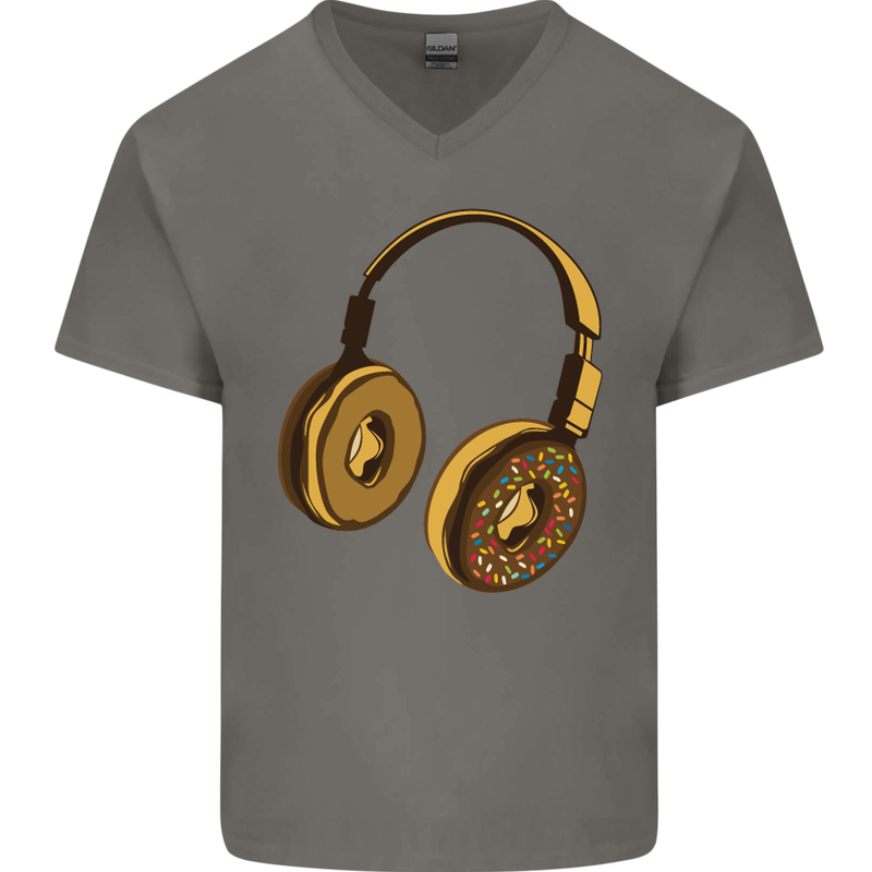 Donut Headphones Music DJ DJing Funny Mens V-Neck Cotton T-Shirt Charcoal