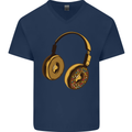 Donut Headphones Music DJ DJing Funny Mens V-Neck Cotton T-Shirt Navy Blue