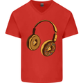 Donut Headphones Music DJ DJing Funny Mens V-Neck Cotton T-Shirt Red