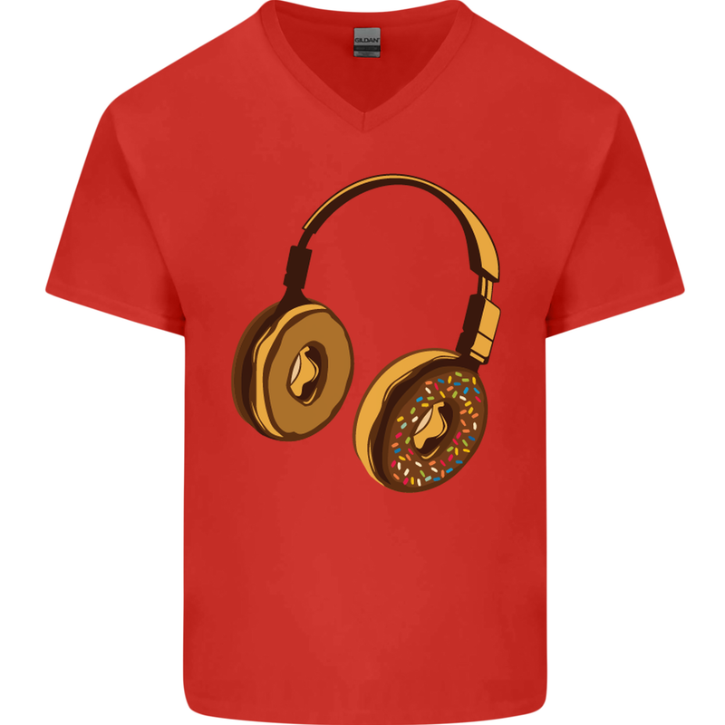 Donut Headphones Music DJ DJing Funny Mens V-Neck Cotton T-Shirt Red