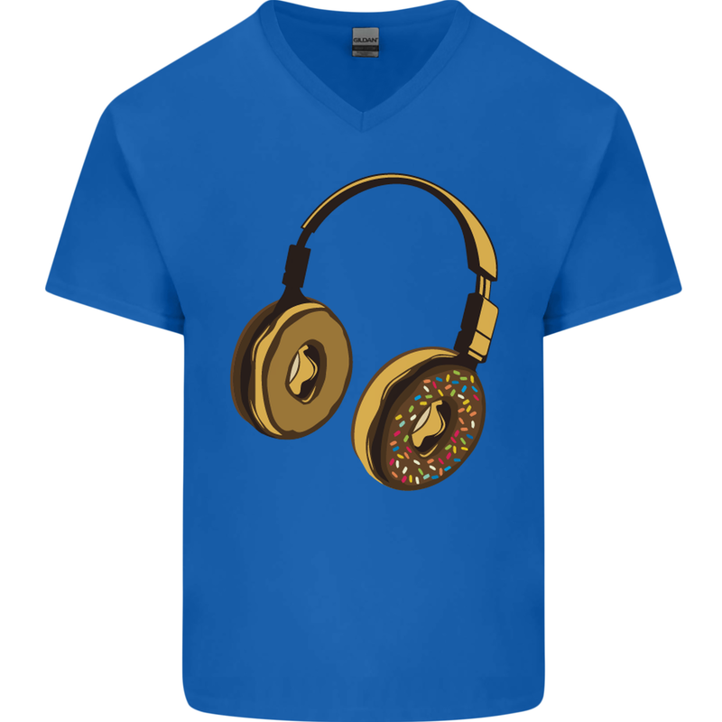 Donut Headphones Music DJ DJing Funny Mens V-Neck Cotton T-Shirt Royal Blue
