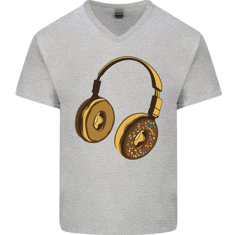 Donut Headphones Music DJ DJing Funny Mens V-Neck Cotton T-Shirt Sports Grey
