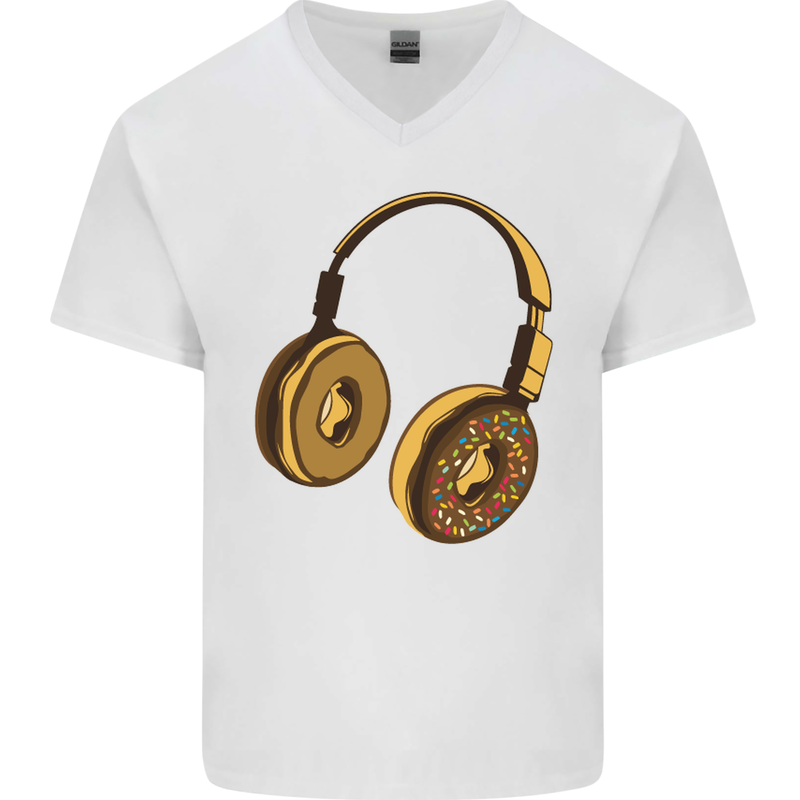 Donut Headphones Music DJ DJing Funny Mens V-Neck Cotton T-Shirt White