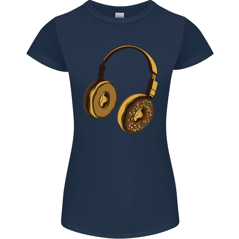 Donut Headphones Music DJ DJing Funny Womens Petite Cut T-Shirt Navy Blue