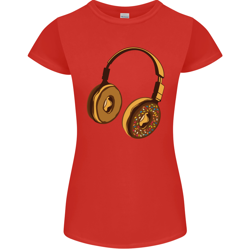 Donut Headphones Music DJ DJing Funny Womens Petite Cut T-Shirt Red