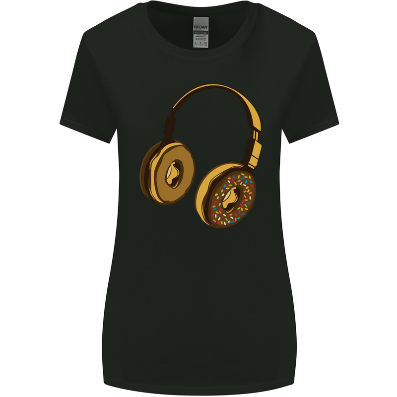 Donut Headphones Music DJ DJing Funny Womens Wider Cut T-Shirt Black