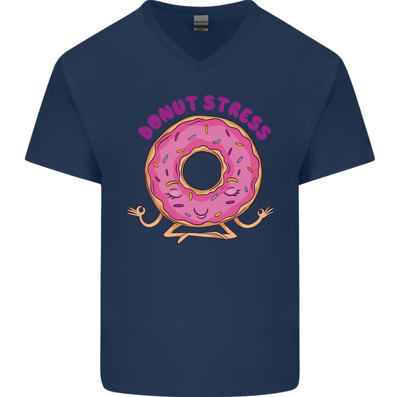 Donut Stress Funny Don't Stress Yoga Joke Mens V-Neck Cotton T-Shirt Navy Blue