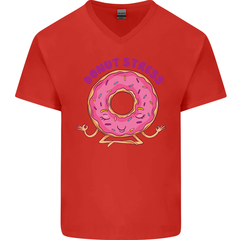 Donut Stress Funny Don't Stress Yoga Joke Mens V-Neck Cotton T-Shirt Red