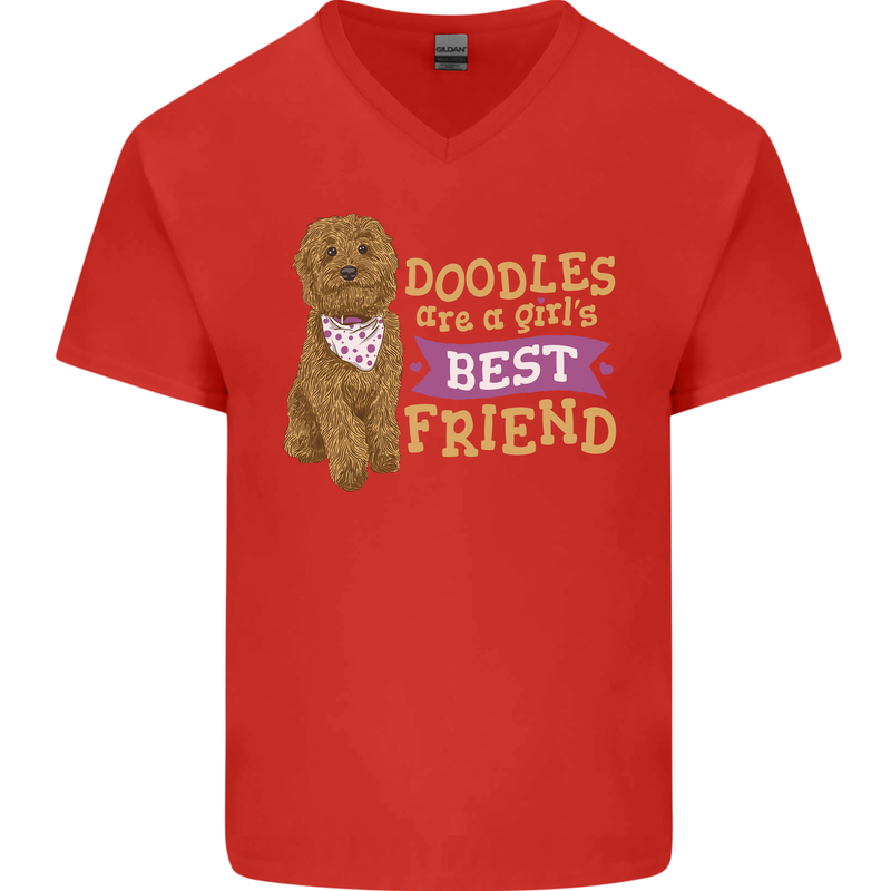 Doodles Girls Best Friend Goldendoodle Dog Mens V-Neck Cotton T-Shirt Red