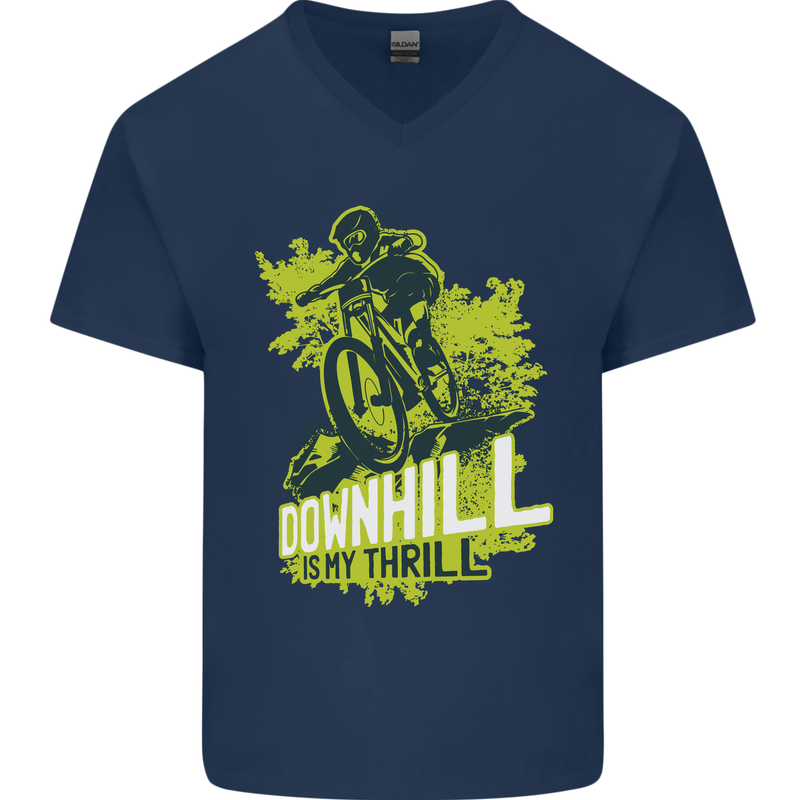 Downhill Mountain Biking My Thrill Cycling Mens V-Neck Cotton T-Shirt Navy Blue