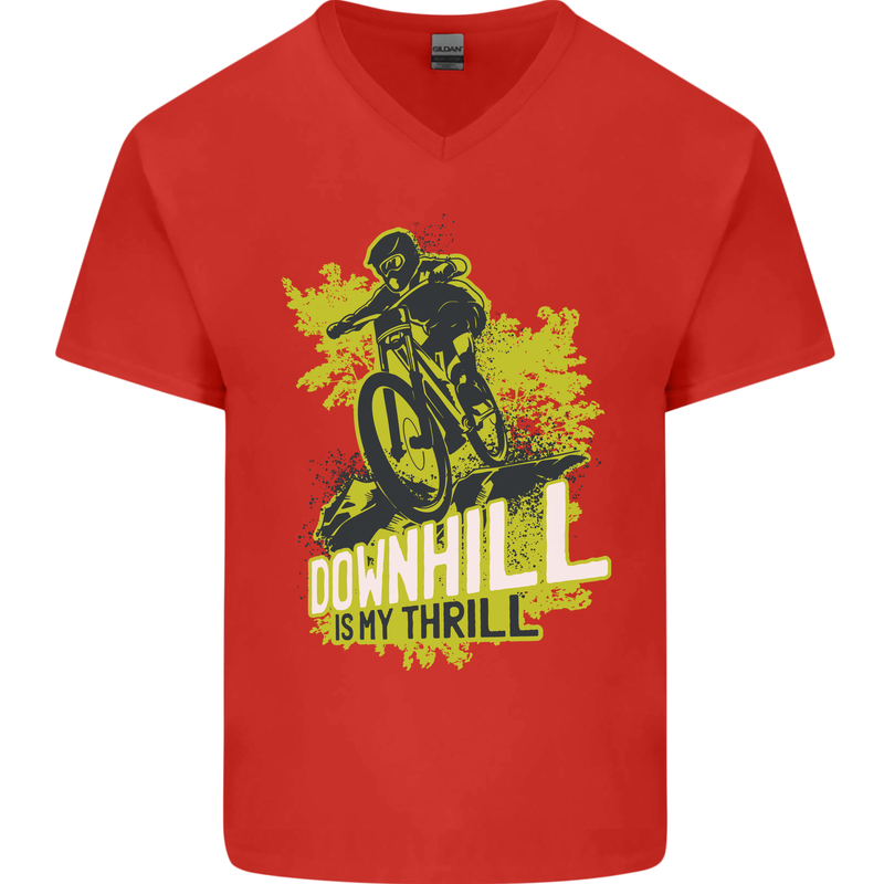 Downhill Mountain Biking My Thrill Cycling Mens V-Neck Cotton T-Shirt Red