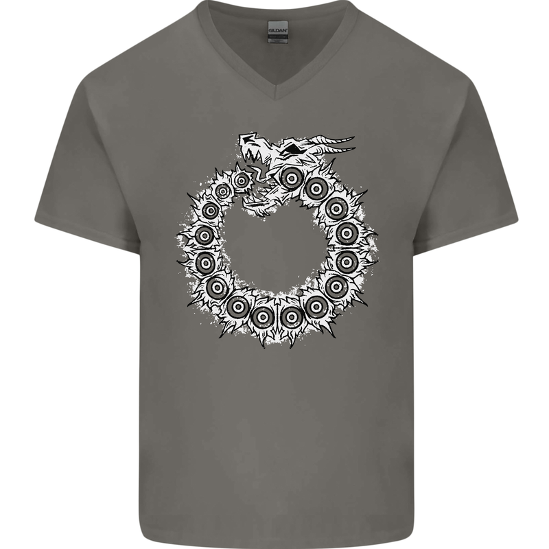 Dragon Symbol Fantasy Chinese Japanese Mens V-Neck Cotton T-Shirt Charcoal