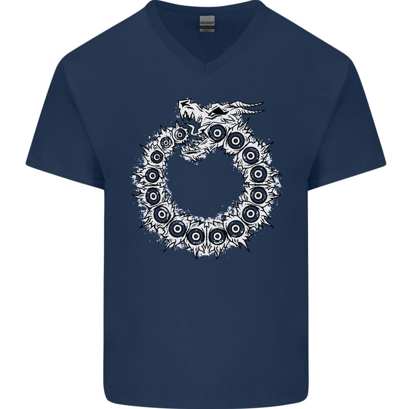 Dragon Symbol Fantasy Chinese Japanese Mens V-Neck Cotton T-Shirt Navy Blue
