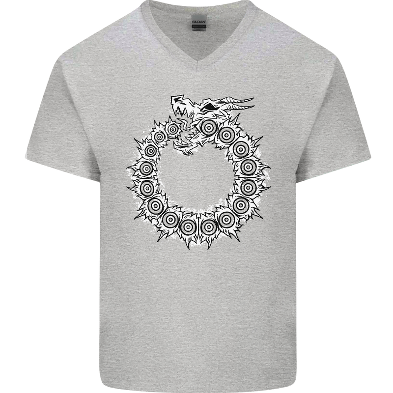 Dragon Symbol Fantasy Chinese Japanese Mens V-Neck Cotton T-Shirt Sports Grey