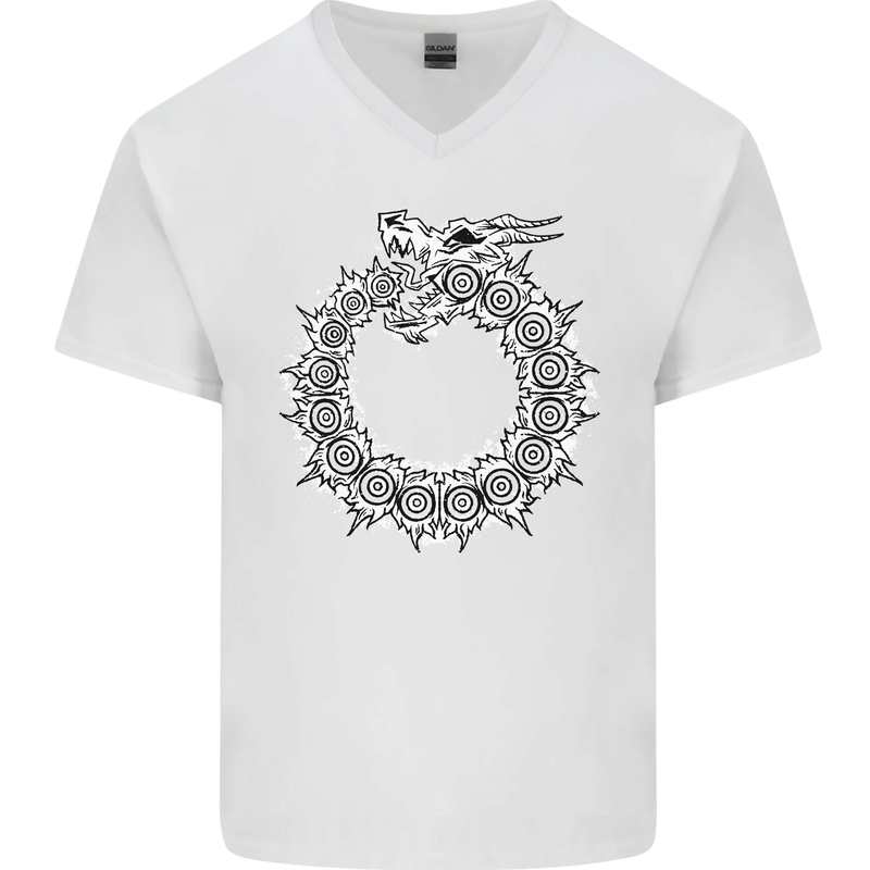 Dragon Symbol Fantasy Chinese Japanese Mens V-Neck Cotton T-Shirt White