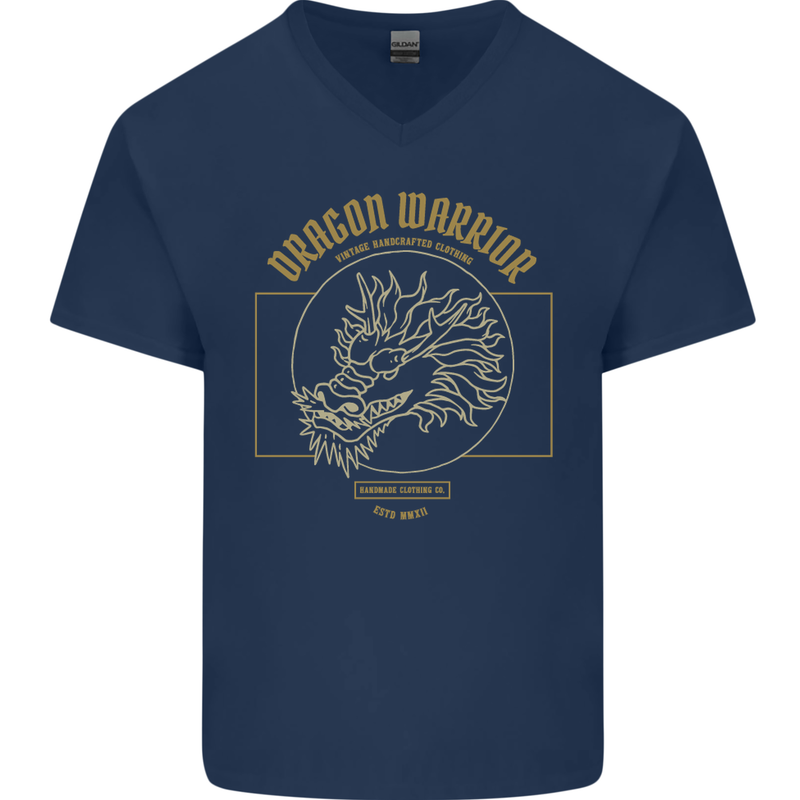 Dragon Warrior Samurai Japan Japanese Mens V-Neck Cotton T-Shirt Navy Blue