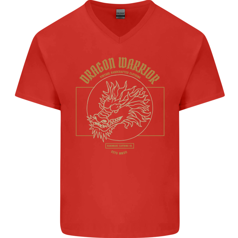 Dragon Warrior Samurai Japan Japanese Mens V-Neck Cotton T-Shirt Red