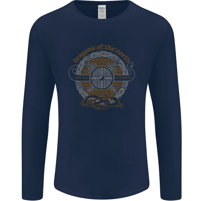 Dragons North Viking Valhalla Thor Odin Mens Long Sleeve T-Shirt Navy Blue