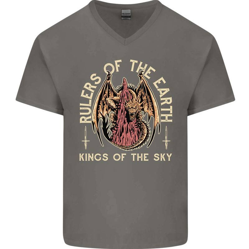 Dragons Rulers of the Earth Fantasy RPG Mens V-Neck Cotton T-Shirt Charcoal