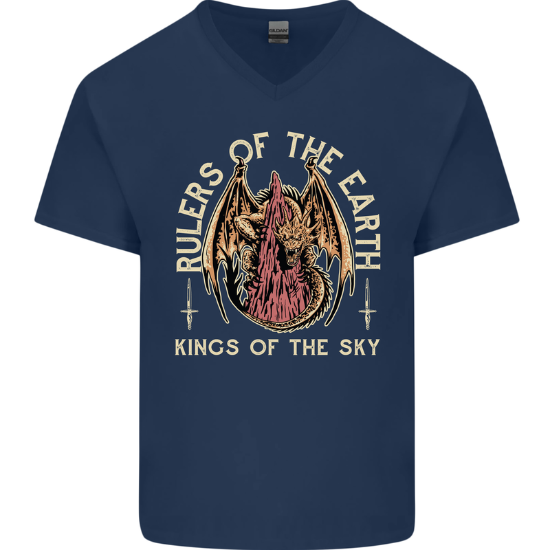 Dragons Rulers of the Earth Fantasy RPG Mens V-Neck Cotton T-Shirt Navy Blue