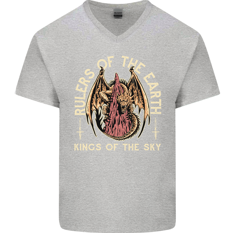 Dragons Rulers of the Earth Fantasy RPG Mens V-Neck Cotton T-Shirt Sports Grey