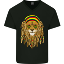 Dreadlock Rasta Lion Jamaica Jamaican Mens V-Neck Cotton T-Shirt Black