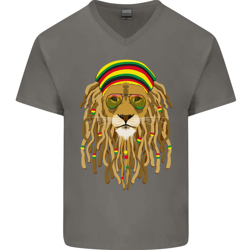 Dreadlock Rasta Lion Jamaica Jamaican Mens V-Neck Cotton T-Shirt Charcoal