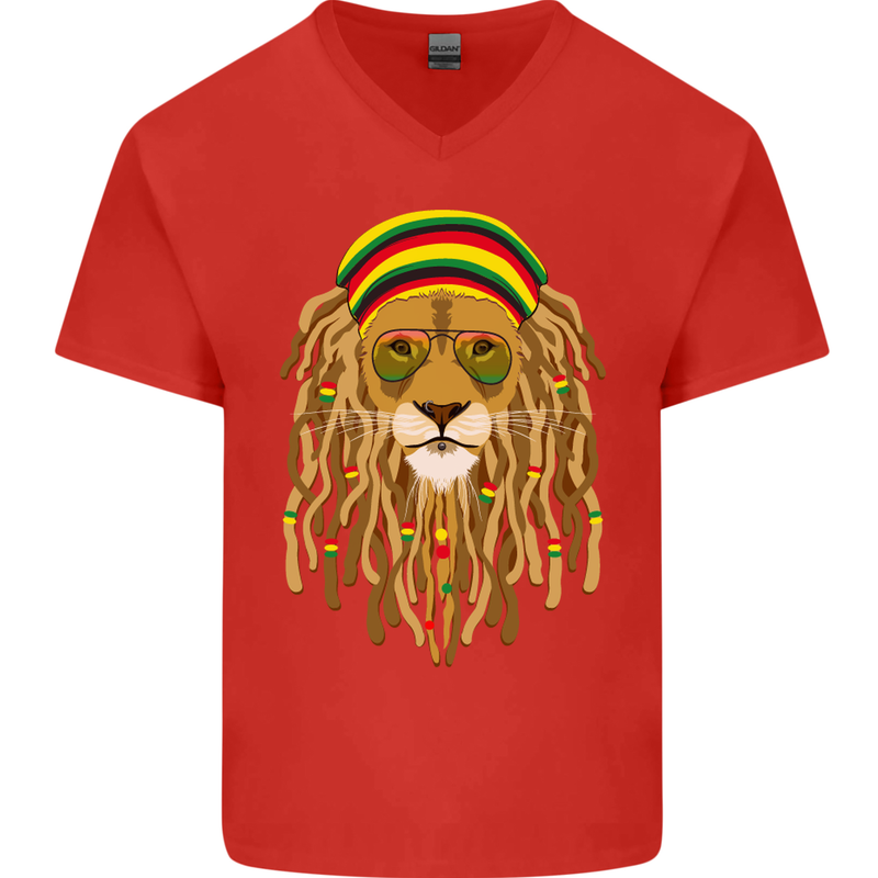 Dreadlock Rasta Lion Jamaica Jamaican Mens V-Neck Cotton T-Shirt Red