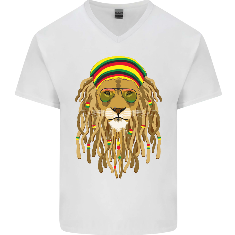 Dreadlock Rasta Lion Jamaica Jamaican Mens V-Neck Cotton T-Shirt White