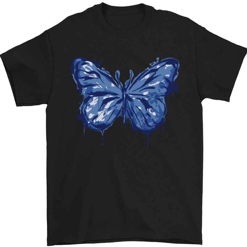 Dripping Blue Butterfly Rhopalocera Mens T-Shirt Cotton Gildan Black