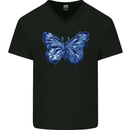 Dripping Blue Butterfly Rhopalocera Mens V-Neck Cotton T-Shirt Black