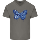 Dripping Blue Butterfly Rhopalocera Mens V-Neck Cotton T-Shirt Charcoal