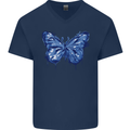 Dripping Blue Butterfly Rhopalocera Mens V-Neck Cotton T-Shirt Navy Blue