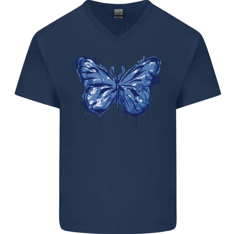 Dripping Blue Butterfly Rhopalocera Mens V-Neck Cotton T-Shirt Navy Blue