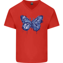 Dripping Blue Butterfly Rhopalocera Mens V-Neck Cotton T-Shirt Red