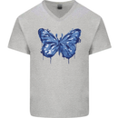 Dripping Blue Butterfly Rhopalocera Mens V-Neck Cotton T-Shirt Sports Grey