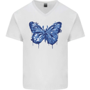 Dripping Blue Butterfly Rhopalocera Mens V-Neck Cotton T-Shirt White