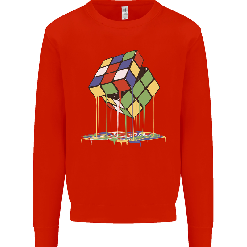 Dripping Rubik Cube Funny Puzzle Kids Sweatshirt Jumper Bright Red