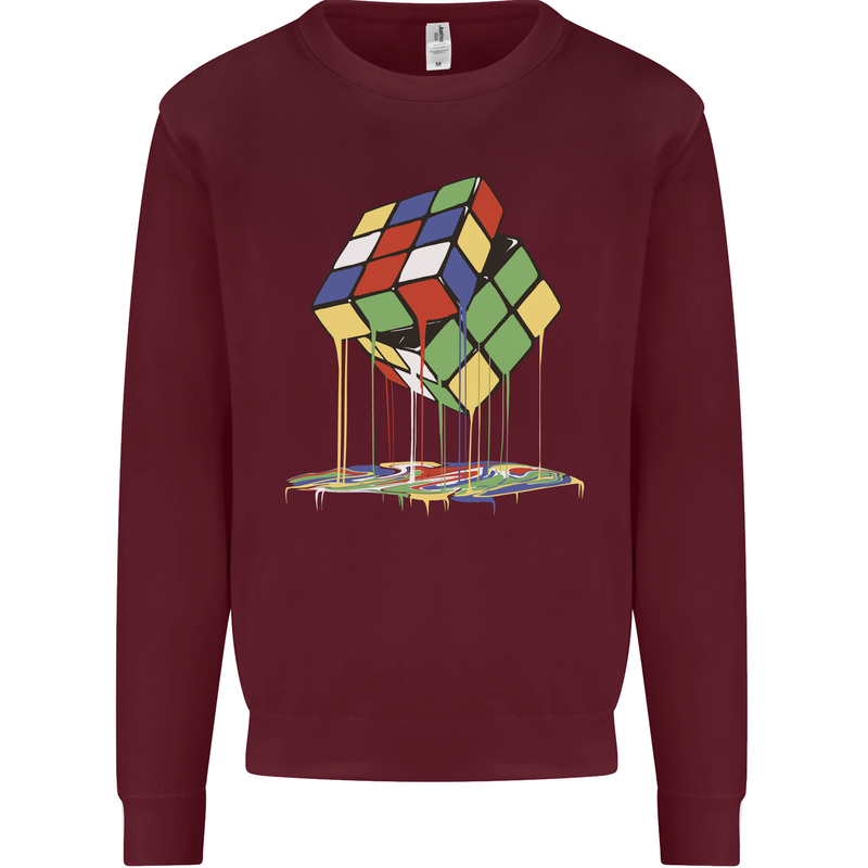 Dripping Rubik Cube Funny Puzzle Kids Sweatshirt Jumper Maroon