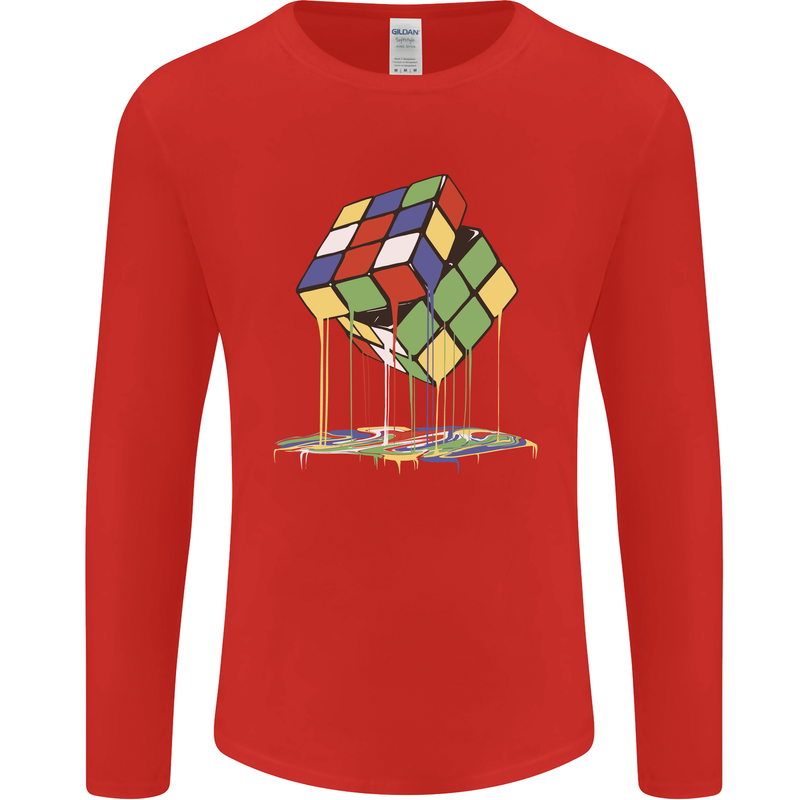 Dripping Rubik Cube Funny Puzzle Mens Long Sleeve T-Shirt Red