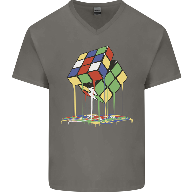 Dripping Rubik Cube Funny Puzzle Mens V-Neck Cotton T-Shirt Charcoal
