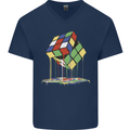 Dripping Rubik Cube Funny Puzzle Mens V-Neck Cotton T-Shirt Navy Blue