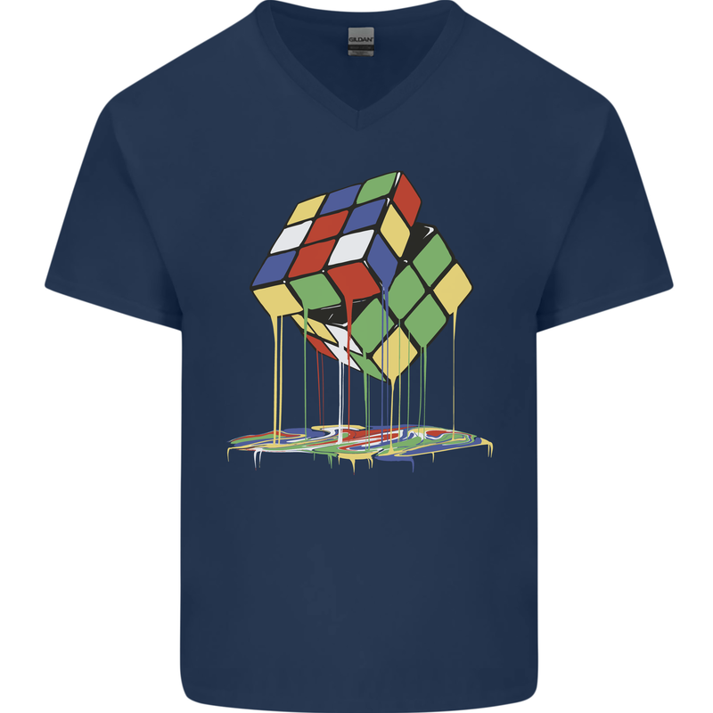 Dripping Rubik Cube Funny Puzzle Mens V-Neck Cotton T-Shirt Navy Blue