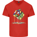 Dripping Rubik Cube Funny Puzzle Mens V-Neck Cotton T-Shirt Red