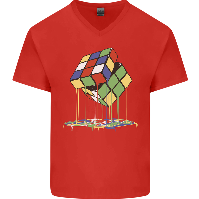 Dripping Rubik Cube Funny Puzzle Mens V-Neck Cotton T-Shirt Red